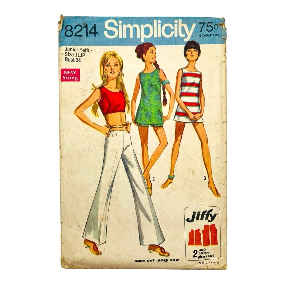 VTG 1969 Simplicity Sewing Pattern 2-Length Tops Hip Hugger Pants Sz 11JP #8214